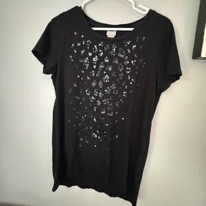 Chico's Black Short Sleeve Sequin Tunic Length Top Size 8-10.